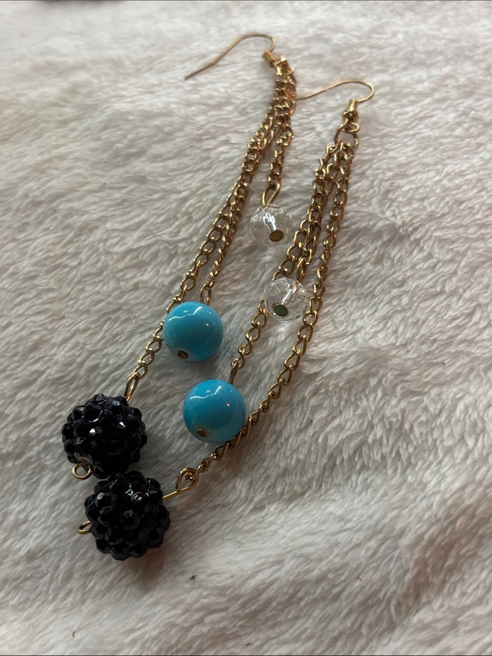 Gold Chain Drop Earrings with Blue and Black Beads